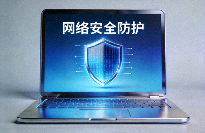 笔记本电脑屏幕显示网络安全防护与盾牌图标的概念图